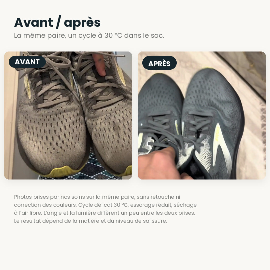 Avant et après : la même paire de baskets avant lavage puis après un cycle à 30 °C dans le sac LUNDRA