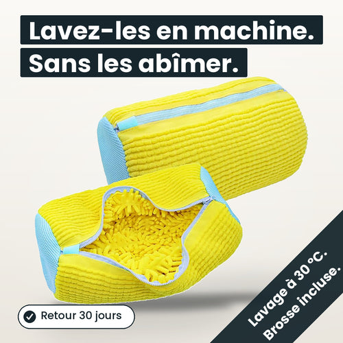 Deux sacs de lavage LUNDRA pour baskets, dont un ouvert montrant l'intérieur en microfibre — lavez vos chaussures en machine sans les abîmer