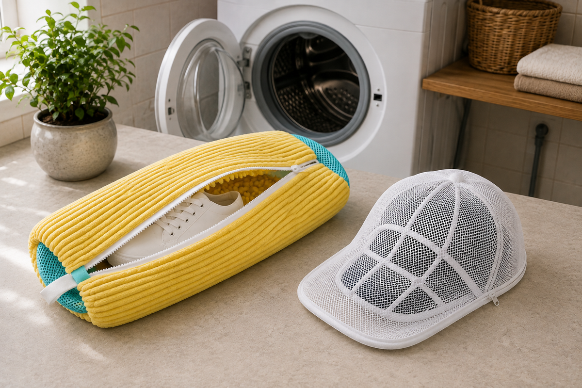 Baskets et casquette prêtes à passer en machine
