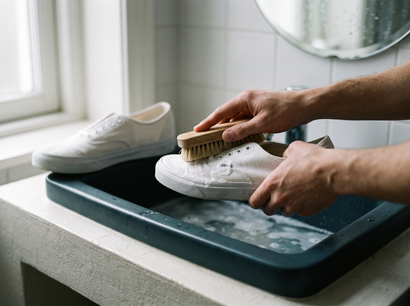 Lavage à la main : des mains frottent une basket avec une brosse au-dessus d'un lavabo