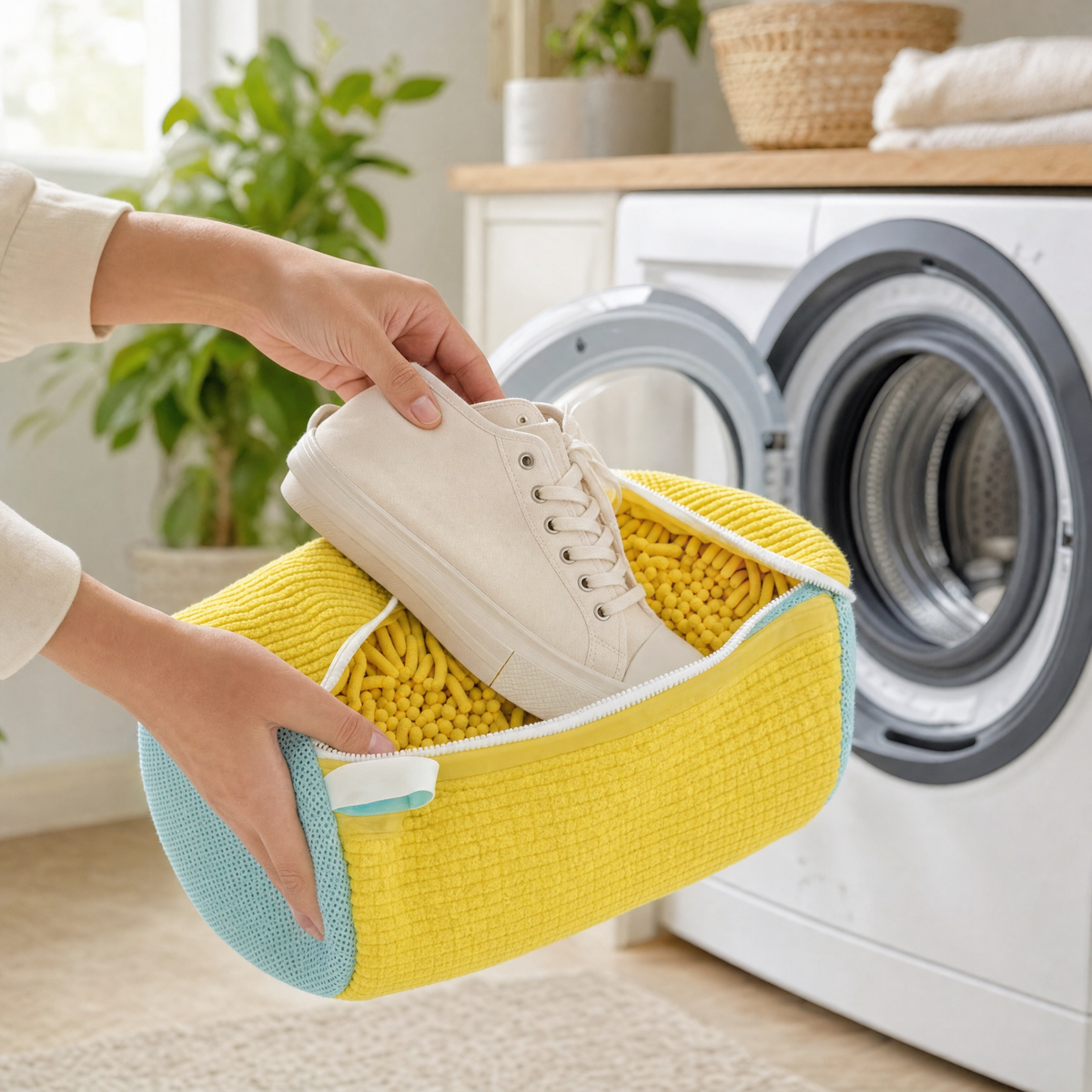 Une basket blanche glissée dans Le Sac Baskets devant une machine à laver