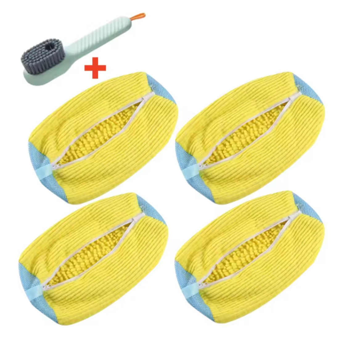 Pack Famille LUNDRA : quatre sacs de lavage jaunes et une brosse